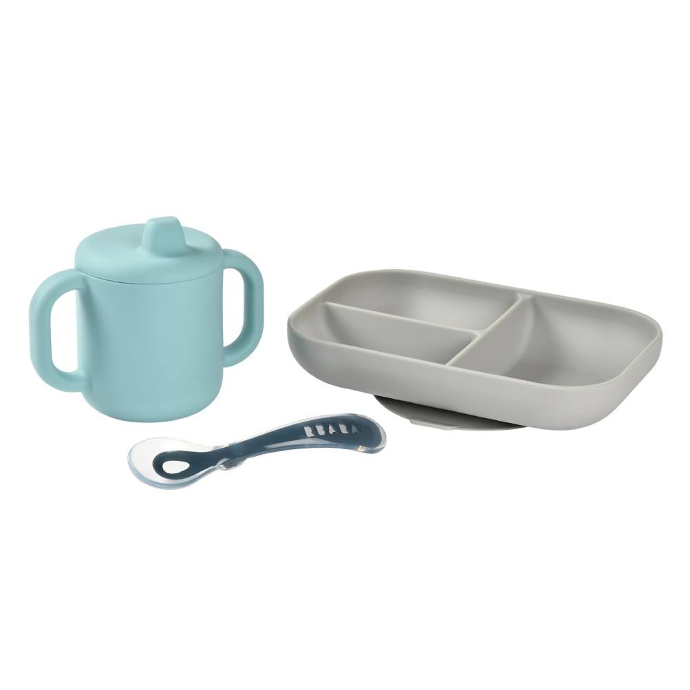Набор посуды Beaba: тарелка, ложка, поильник / COFFRET APPRENTISS SILIC BLUE 913526