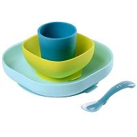 Набор посуды Beaba 2 тарелки, стакан, ложка/Slicone Meal Set (4PCS) Blue 913428