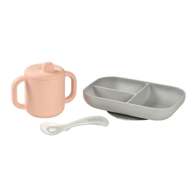 Набор посуды Beaba: тарелка, ложка, поильник / COFFRET APPRENTISS SILIC PINK 913527
